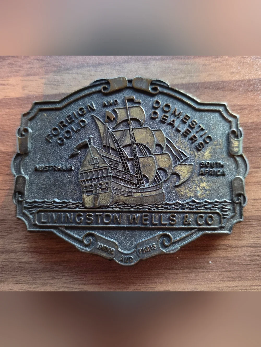 Vtg Livingston Wells & Co Gold Domestic Dealers Pirate Ship Belt Buckle London